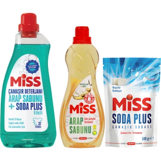 Miss Sıvı Çamaşır Deterjanı Arap Sabunu ve Soda Etkili 1500 ml + Arap Sabunu 1l + Soda Plus 500 gr