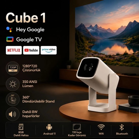 Wanbo Cube1 Projeksiyon Cihazı-Dahili Android TV 11.0 Widevine L1 sertifikalı & 8W Hoparlör - Beyaz