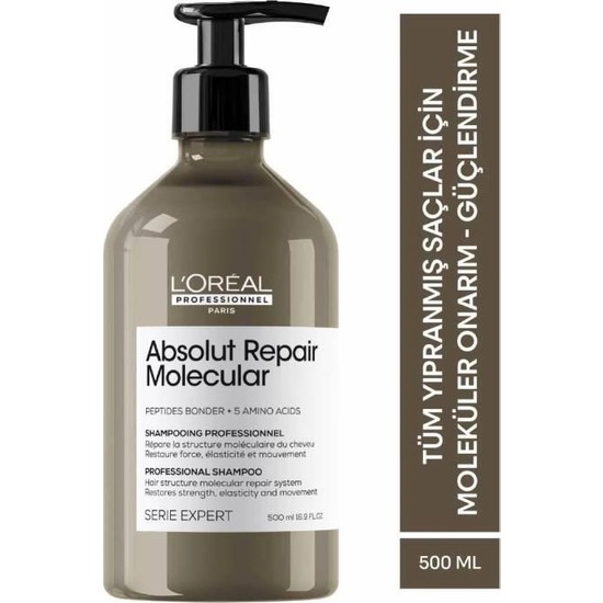 L'Oréal Professionnel Serie Expert Absolut Repair Molecular Onarıcı Şampuan - 500ml, Tek Kullanımda 2 Yıllık Hasarı Onarır, Bitkisel Formül, Paraben İçermez