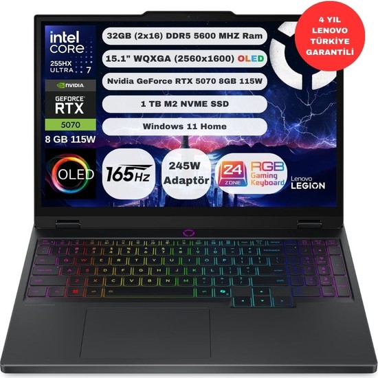 Lenovo Legion 5 Intel Core Ultra 7 255HX 32GB 1TB SSD RTX5070 Windows 11 Home 15.1" OLED 165Hz Taşınabilir Bilgisayar 83F00087TR