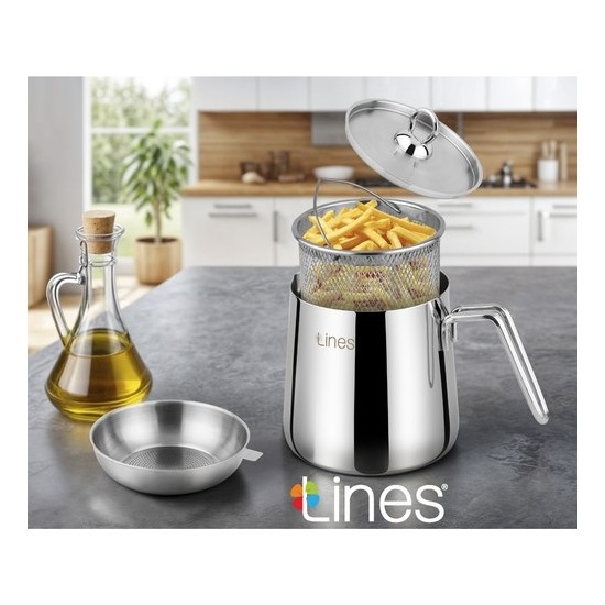 Lines Paslanmaz Çelik Inox Kaplama 13 cm 2 Litre Kızartma Tenceresi Seti – Isıya Dayanıklı ve Şık Tasarım