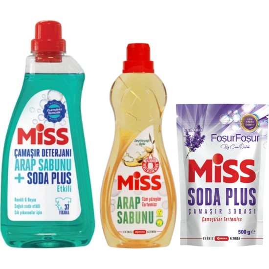 Miss Sıvı Çamaşır Deterjanı Arap Sabunu ve Soda Etkili 1500 ml + Arap Sabunu 1l + Çamaşır Sodası Lavanta Kokulu 500 G