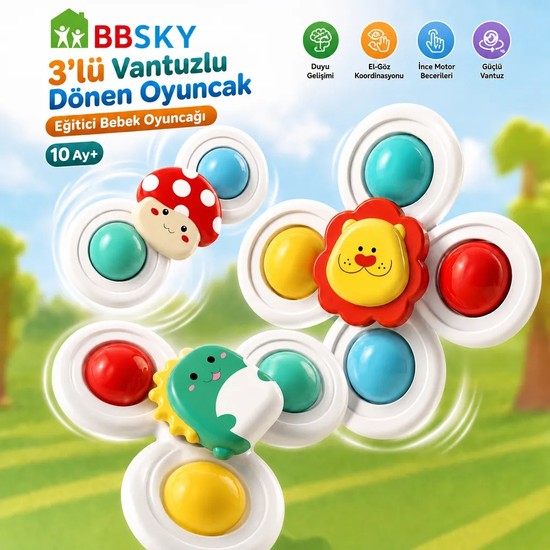 Bbsky Sökülebilir 3'lü Vantuzlu Fırfır Bebek Oyuncak Seti - Serbest Kombinasyonlu Eğlenceli Banyo ve Mama Sandalyesi Döner Topaç - Sevimli Hayvan Figürlü Duyusal Gelişim Oyuncağı-Bebek Hediyesi