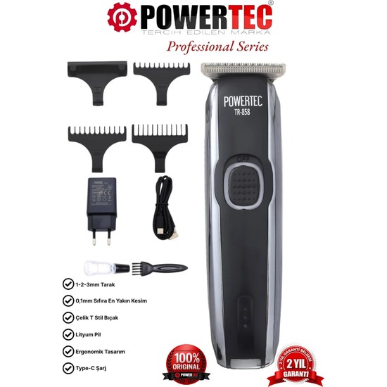 Powertec TR-858 USB Type-C Şarjlı Saç Sakal Ense Vücut Tıraş Makinesi - Profesyonel Erkek Kadın Bakım Cihazı