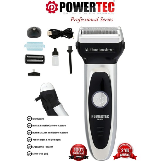 Powertec TR-250 Günlük Sakal Ve Burun-Kulak Tıraş Makinesi Yedek Başlık Hediyeli - METALİK GRİ-Yeni Versiyon