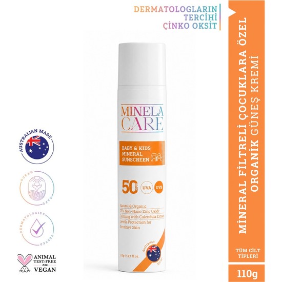 Minela Care 100% Organik Mineral Filtreli Bebek ve Çocuk Güneş Kremi Spf 50 110 gr PA++++