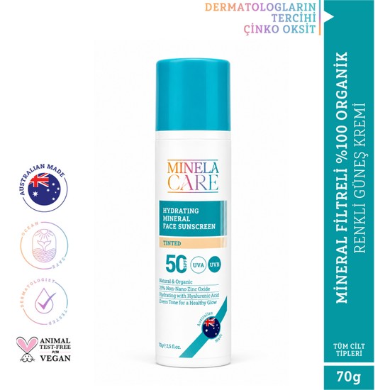 Minela Care Hydrating Organik Mineral Filtreli Renkli Yüz Güneş Kremi Spf 50 70 gr PA++++