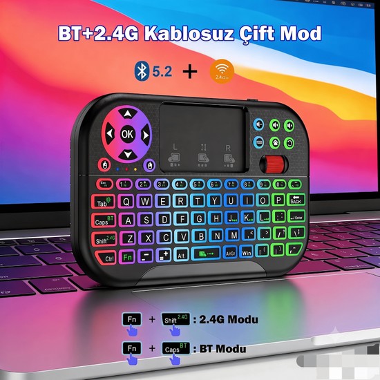 Mucosan Kablosuz Mini Klavye Dokunmatik Yüzeyli Kaydırma Tekerleği 2.4g Bt5.2 Çift Modlu Fare 8 Renk Arkadan Aydınlatmalı