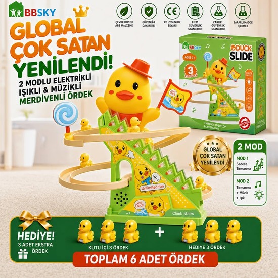 BBSKY Merdiven Çıkan Ördek Oyuncağı Işıklı Müzikli Otomatik Kaydıraklı Oyuncak – Kutu İçeriği 3 Ördek + HEDİYE 3 Ördek (Toplam 6 Ördek), Eğitici Oyuncak, 3+ Yaş |Yeşil