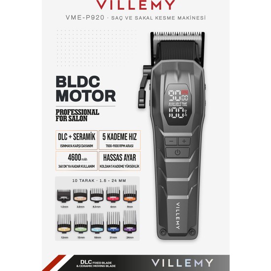 Villemy VME-P920 Profesyonel Saç ve Sakal Kesme Makinesi Bldc Motor Şarjlı Dlc Seramik Bıçak 10 Tarak Dijital Ekran 4600 Mah