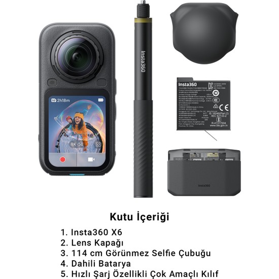 INSTA360 X6 Essentials Bundle 8k 50 Fps 360° Aksiyon Kamerası, 2 Batarya, Hızlı Şarj Kutusu, 114 cm Görünmez Selfie Çubuğu - Midnight Black