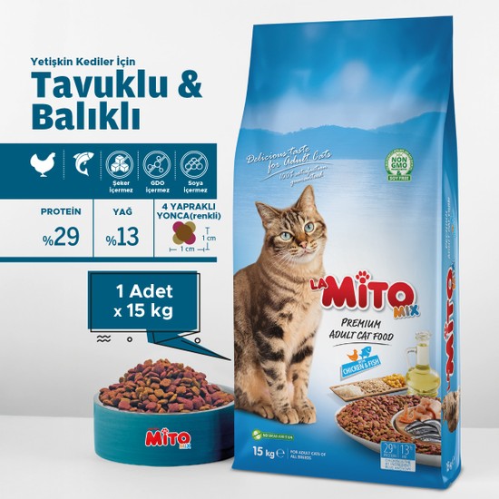 Mito Mix Tavuklu ve Balıklı Renkli Taneli Yetişkin Kedi Maması 15 kg