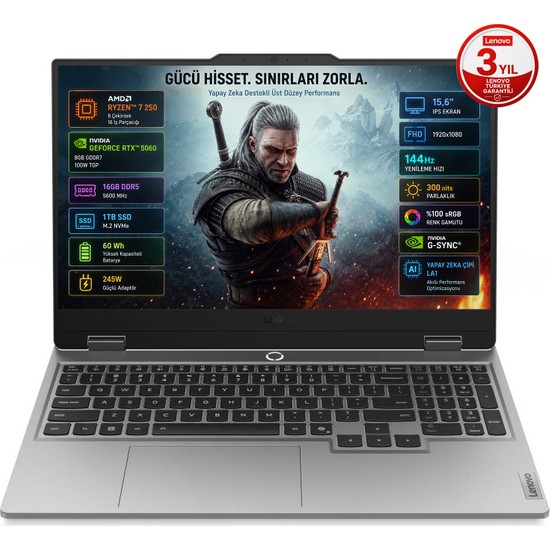 Lenovo LOQ 15AHP10 AMD Ryzen 7 250 16GB DDR5 1TB SSD RTX 5060 8GB 100W 15.6 inç Full HD 144Hz IPS FreeDos Gaming Laptop (83JG008UTR)