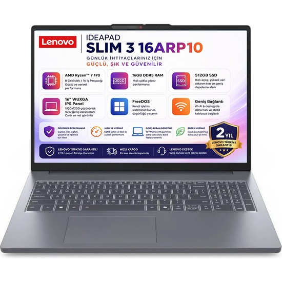 Lenovo Ideapad Slim 3 16ARP10 Amd Ryzen 7 170 16GB 512GB SSD 16" Wuxga (1920X1200) IPS Panel Freedos Taşınabilir Bilgisayar 83K80085TR