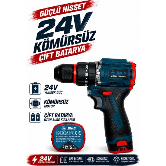 BN-5 Bn 5 Kömürsüz Darbeli Şarjlı Matkap 24V Çift Akülü Li-On Armut Batarya