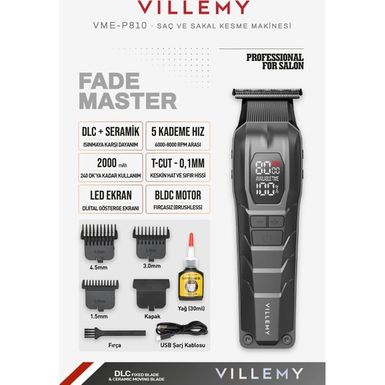 Villemy VME-P810 Profesyonel Saç Kesme, Sakal ve Ense Tıraş Makinesi Bldc Motor T-Cut 0.1 mm Dlc Bıçak