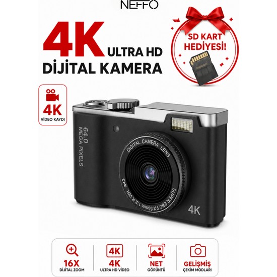 Neffo 64MP Dijital Fotoğraf Makinesi | Video & Selfie Destekli | 8x Dijital Zoom Özellikli