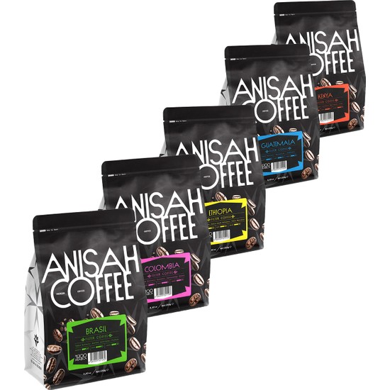 Anisah Coffee Dünya Filtre Kahveleri Tanışma Seti 5x250gr Kenya Guatemala Ethiopia Colombia Brasil