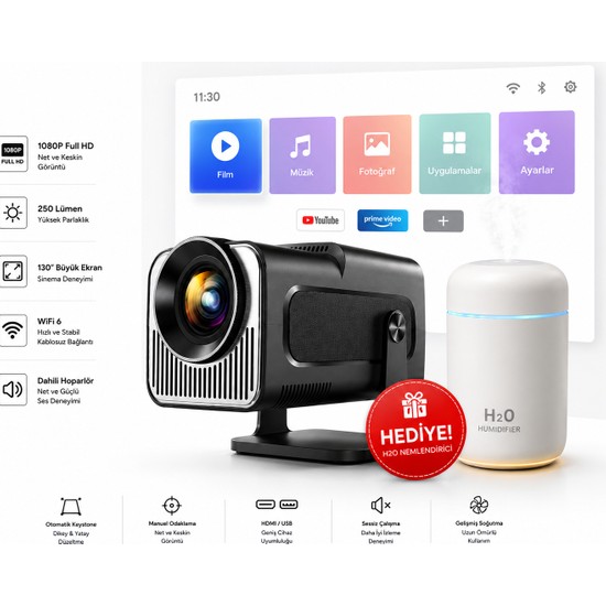 Tarçın Teknomie Android Wifi Taşınabilir Akıllı Projektör–Hava Nemlendiricisi Hediyeli! – 4K Ultra Hd, Bluetooth 5.0, Hoparlör, Çok Amaçlı Akıllı Mini Projeksiyon