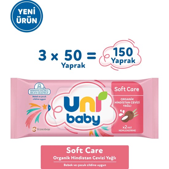 Uni Baby Soft Care Organik Hindistan Cevizi Yağlı Islak Mendil 3x50 150 Yaprak