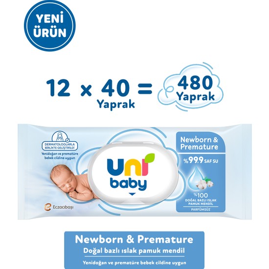 Uni Baby Newborn & Premature Yenidoğan Islak Pamuk Mendil 12X40 480 Yaprak