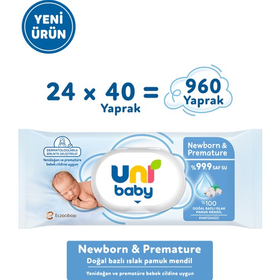 Uni Baby Newborn & Premature Yenidoğan Islak Pamuk Mendil 24X40 960 Yaprak