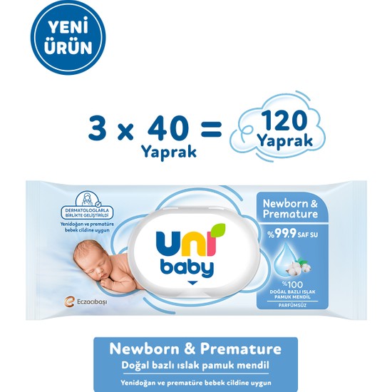 Uni Baby Newborn & Premature Yenidoğan Islak Pamuk Mendil 3X40 120 Yaprak