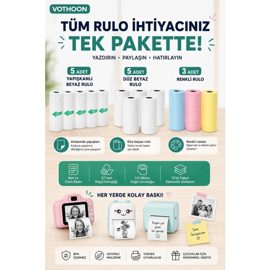 Vothoon 13’lü Mini Yazıcı Termal Rulo Seti Çocuk Kamera Baskı Kağıdı 5 Yapışkanlı 5 Düz Beyaz 3 Renkli