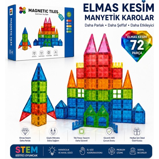 72 Parça Elmas Kesim Manyetik Yapı Blokları, Mıknatıslı Karo Stem Oyuncak Seti