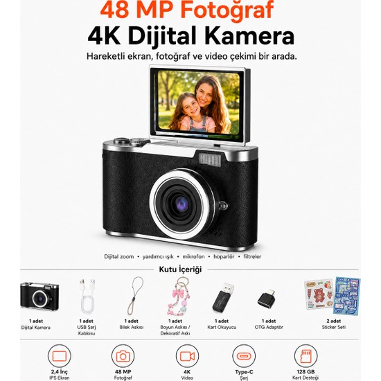 Ayers 48 Mp 4K Dijital Fotoğraf Makinesi, 2.4 Inç Döndürülebilir IPS Flip Ekran, 18X Dijital Zoom, Flaş, Type-C Şarj, 128 GB Microsd Destekli, Türkçe Menü, 64 GB Hafıza Kartı Hediyeli