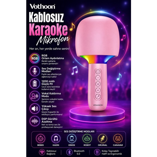Vothoon Çocuk ve Yetişkin Karaoke Mikrofonu Kablosuz Rgb Ambiyans Işığı Ses Değiştirme Modlu Hoparlör