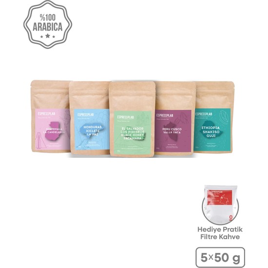 Espressolab Çekirdek Kahve Dünya Kahveleri Deneme Seti – 5 Farklı Tür, 250 gr Premium Kahve Paketi