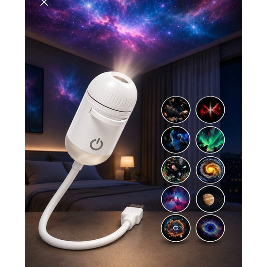 Azurtech USB Galaksi Projektör LED Gece Lambası 9 Filmli 2'si 1 Arada Ambiyans Işık
