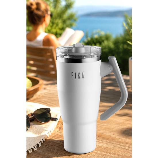 Neoflam Fika Lumi Patentli Döner Kulplu Sızdırmaz Çift Ağızlıklı Çelik Termos 950 ml -Beyaz
