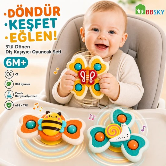 Bbsky Vantuzlu Duyu Geliştirici Eğitici Spinner Oyuncak 3’lü Set – Dönen Bebek Oyuncağı (6 Ay+)