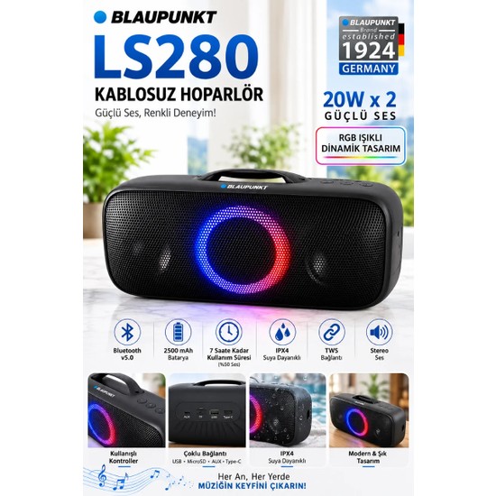 Blaupunkt LS280 Bluetooth Hoparlör Siyah 40W Taşınabilir Kablosuz Ses Bombası IPX4 Suya Dayanıklı TWS USB AUX (Blaupunkt Türkiye Garantili)
