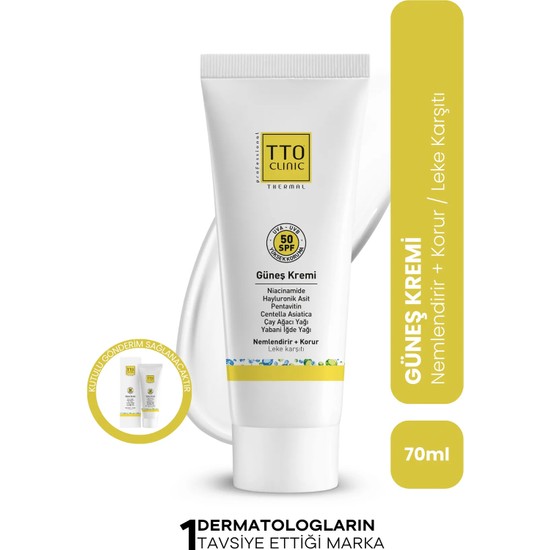 TTO Clinic Güneş Koruyucu Kremi 70 ml SPF 50+ – Çay Ağacı Yağlı Nemlendirici ve Leke Karşıtı Bakım
