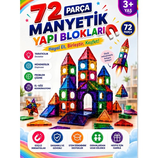 Hak-İş Oyuncak 72 Parça Manyetik Yapı Blokları | Eğitici Mıknatıslı Inşa Oyuncağı | 3+ Yaş Çocuk Gelişim Oyuncağı