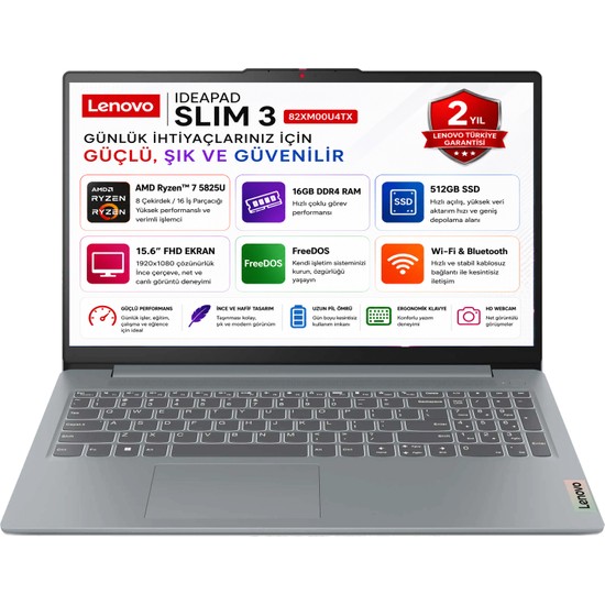 Lenovo Ideapad Slim 3 AMD Ryzen 7 5825U 16GB 512GB SSD Freedos 15.6" FHD Taşınabilir Bilgisayar 82XM00U4TX