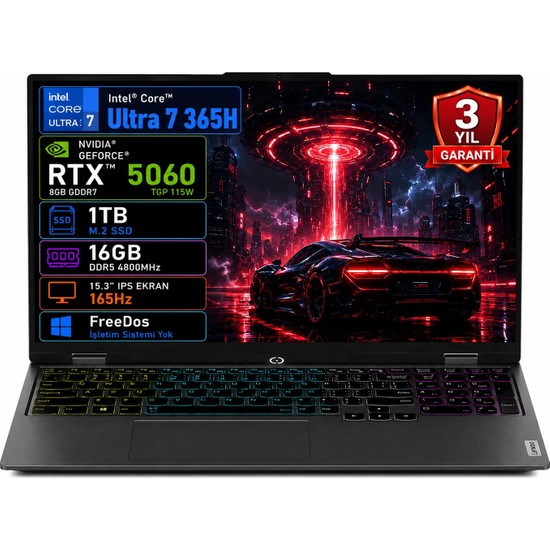 Lenovo Loq 15IPH11 83SL001ATR Intel Core Ultra 7-356H 16GB 1tb SSD RTX5060 8gb Tgp 115W 15.3" IPS 165Hz Freedos Taşınabilir Bilgisayar