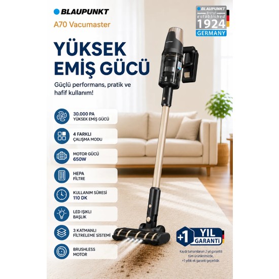 Blaupunkt A70 30.000Pa Güçlü Emişli Dikey Süpürge - 110 dk Uzun Pil | HEPA Filtre | 1 L Toz Haznesi