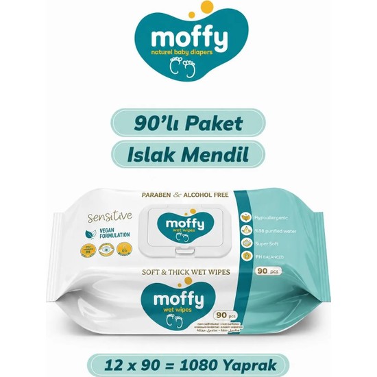 Moffy Günlük Kullanım Islak Mendil 1080 Yaprak 90'lı Paket Çocuk ve Bebekler İçin Uygun