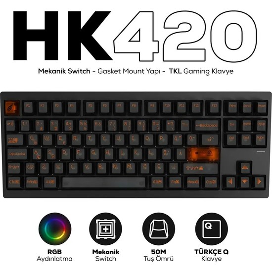 Hawk Gaming HK420 Mekanik Switch Rgb Tri-Mode Kablosuz/bluetooth Tkl Gaming Klavye