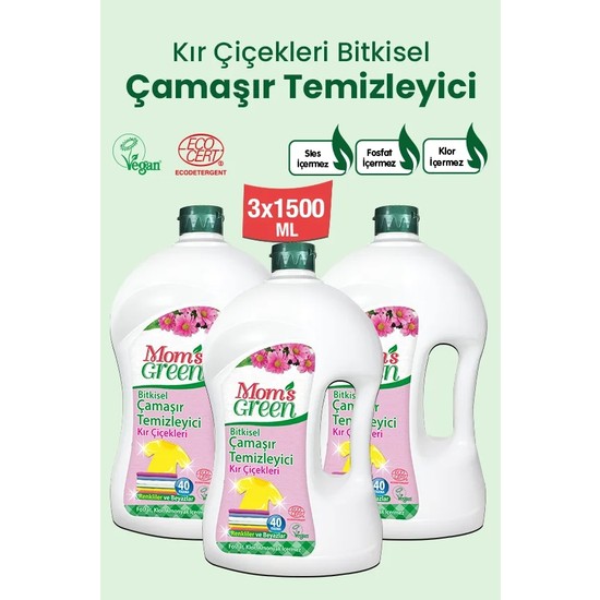 3'lü Set Mom's Green Bitkisel Çamaşır Temizleyici Kır Çiçekleri 120 Yıkama (1,5 Lt. x 3 Adet)