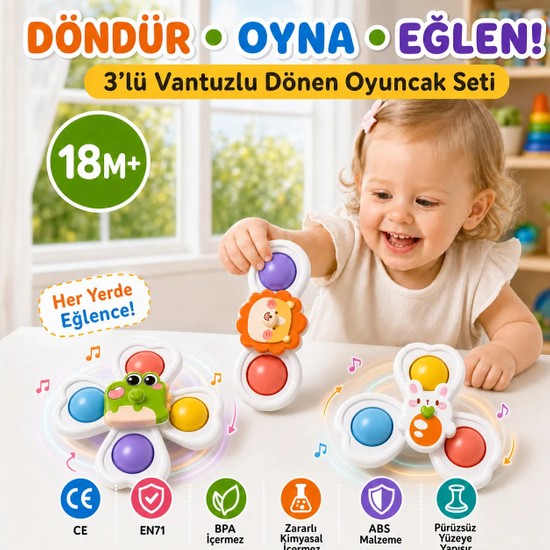 Mag X 3'lü Hayvan Figürlü Vantuzlu Dönen Oyuncak-Eğitici Sök-Tak Oyuncak Seti Dıy Modüler Tasarım ve Duyusal Gelişim Oyuncağı, Abs Güvenli Malzeme, Bpa Yok, Banyo, Mama Sandalyesi ve Yolculuk Arkadaşı