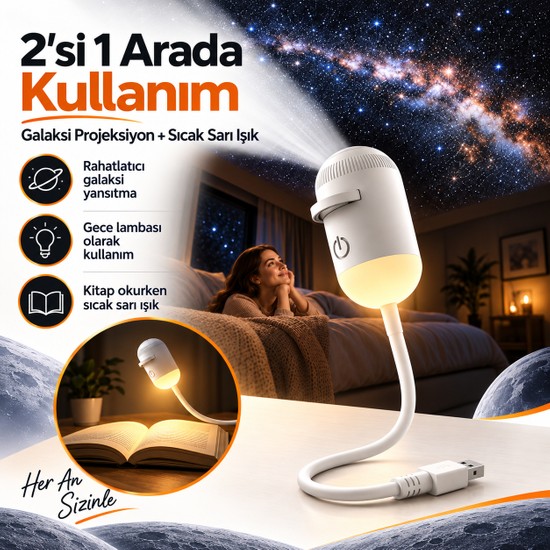 Ayers 12 Film Diskli 2’si 1 Arada USB Galaksi Projeksiyon ve Gece Lambası, Yıldız ve Uzay Projektörü, Esnek Gövdeli USB Okuma Işığı, Sıcak Sarı Aydınlatma, Tavan ve Duvar Yansıtma