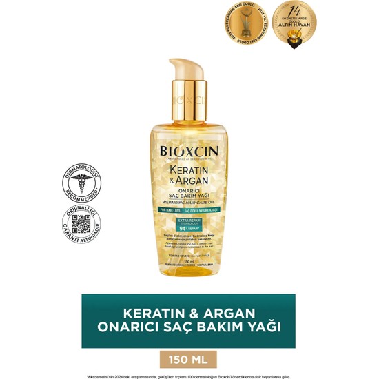 Bioxcin Keratin & Argan Onarıcı Saç Bakım Yağı 150 Ml Şeffaf Özellikli Etkili Bakım