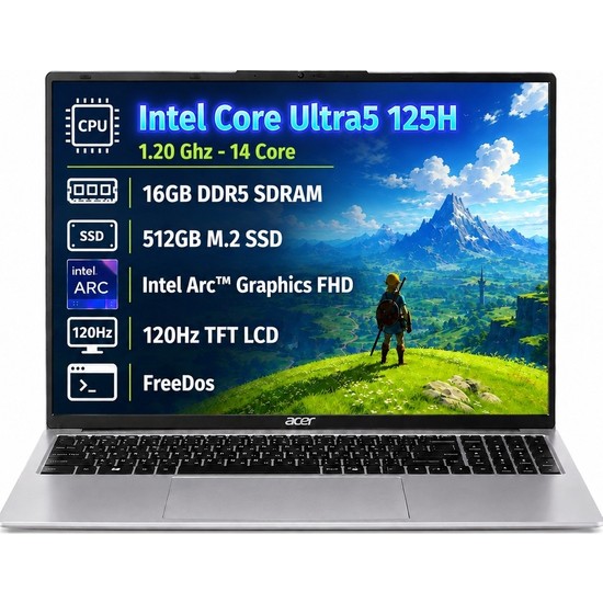 Acer Aspire Lite AL16-71P Intel Core Ultra 5 125H 16GB 512GB SSD Freedos 15.6'' FHD Taşınabilir Bilgisayar NX.DCLEY.001