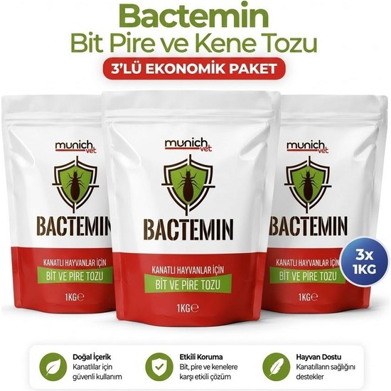Munich Vet Bactemin Tavuk Kuş Kanatlı Hayvan Bit Pire ve Kene Parazit Tozu 1 kg 3 Adet