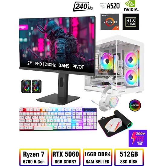 Zeiron Damage X40 Ryzen 7 5700 16GB Ram 512GB M.2 Nvme SSD RTX5060 8GB 27" 240Hz Oyuncu Masaüstü Bilgisayar